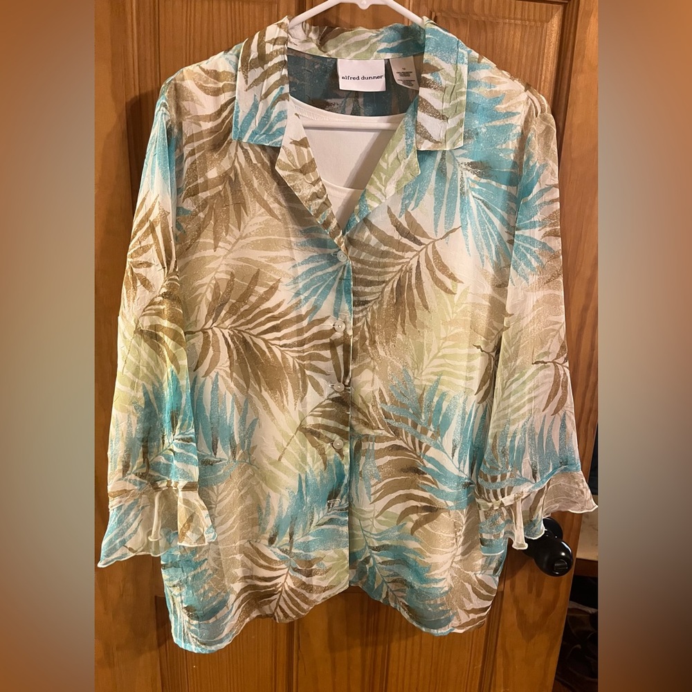 Alfred Dunner Women's Tropical Leaf Print Blouse - Blue and Tan